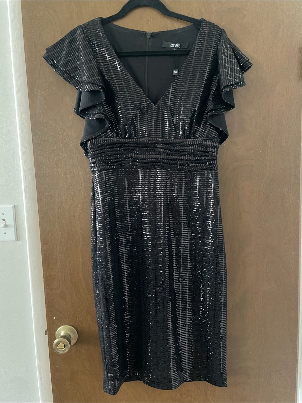 R&M Richards Black Sequin V-Neck Midi Dress with Flutter Sleeves